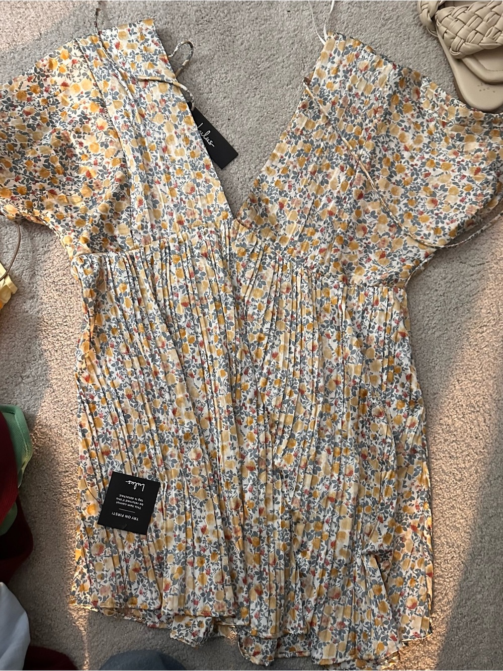 Lulu's Yellow Floral Smocked V-Neck Dress